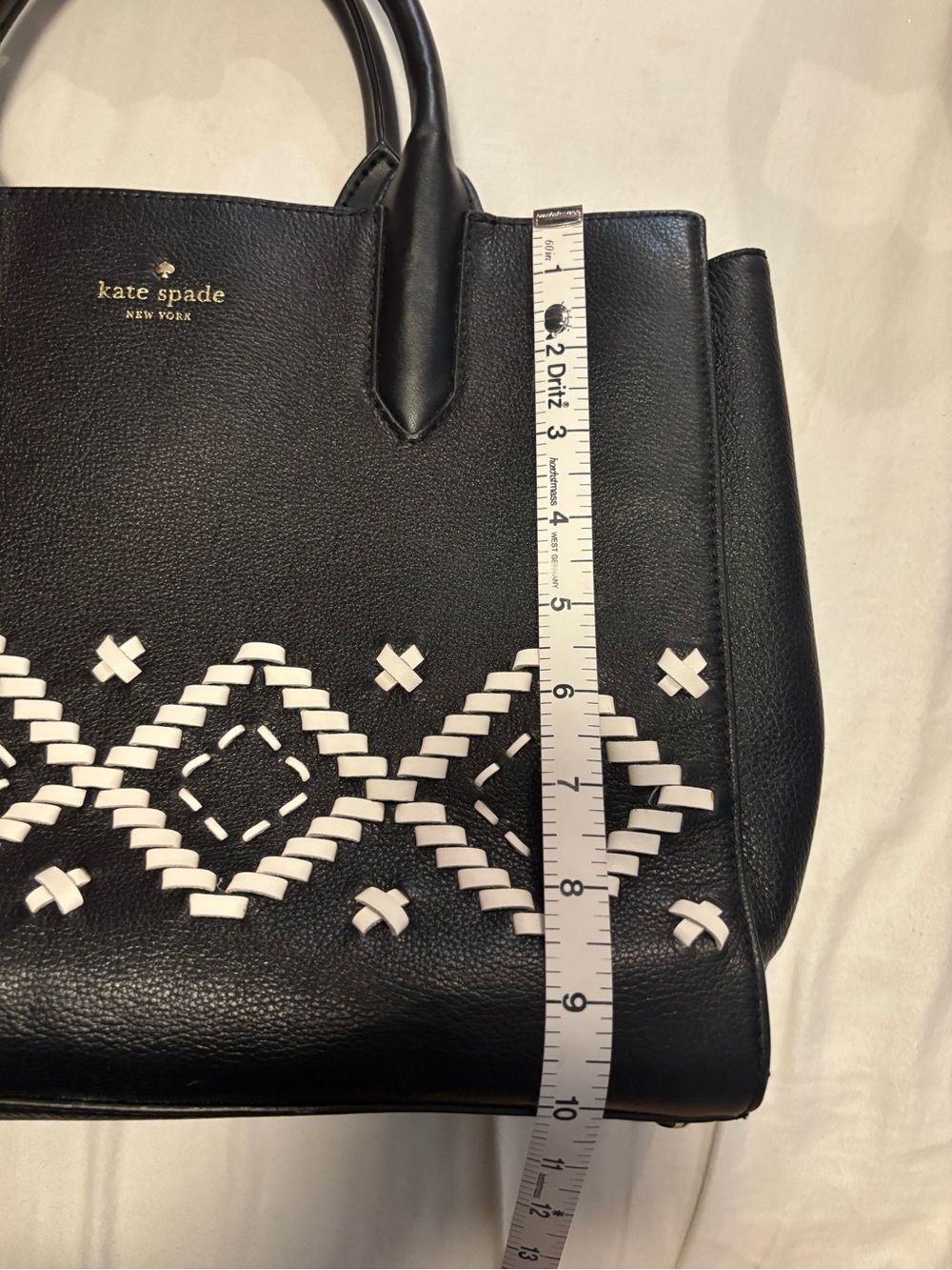 NWOT Kate Spade Black Leather Satchel with White Embroidered Geometric Pattern - Picture 8 of 8